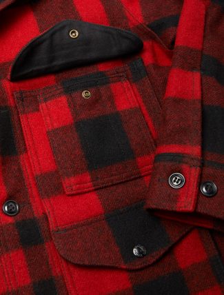 Filson Mackinaw wool cruiser jacket Red Black Plaid pocket detail