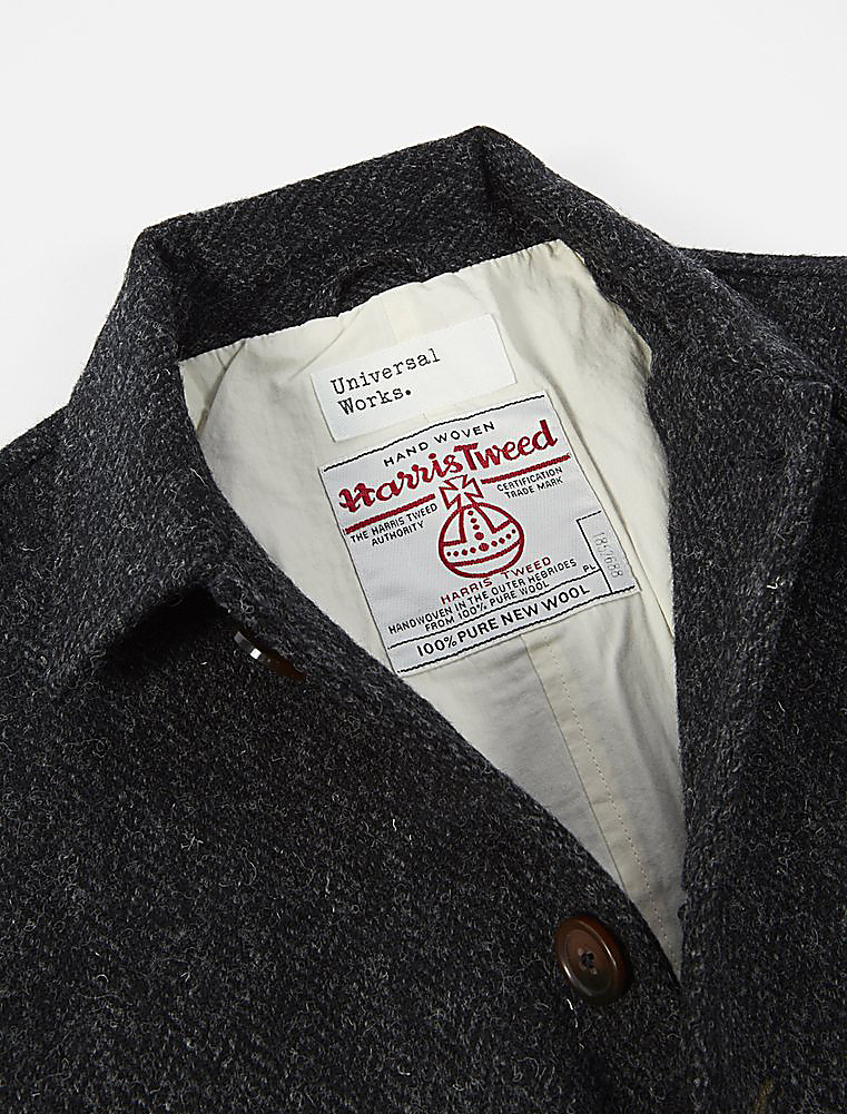 Universal Works Bakers Jacket Harris Tweed Charcoal neck zoom detail