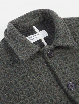 Universal Works 3D Tweed Olive Check Labour Jacket neck detail