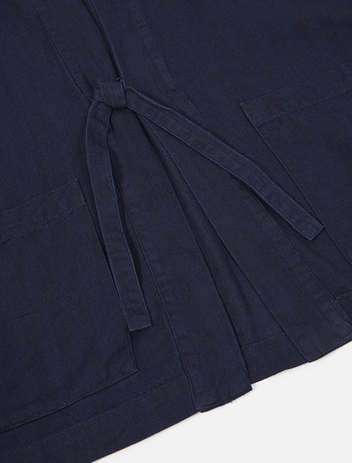 Universal Works Tie Front Jacket In Indigo Herringbone Denim  belt detail