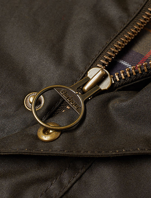 Barbour Ashby Wax Jacket Olive dettaglio zip