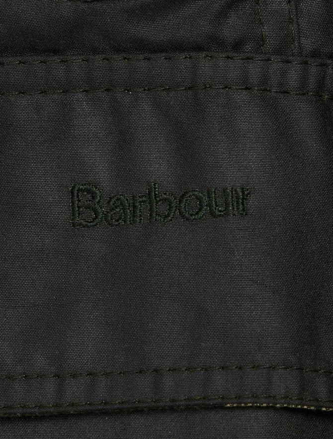 Barbour Beadnell Wax Jacket Sage logo detail