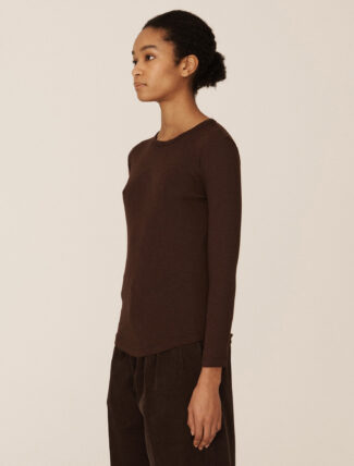 YMC Charlotte Long Sleeve Cotton T-Shirt Brown model detail