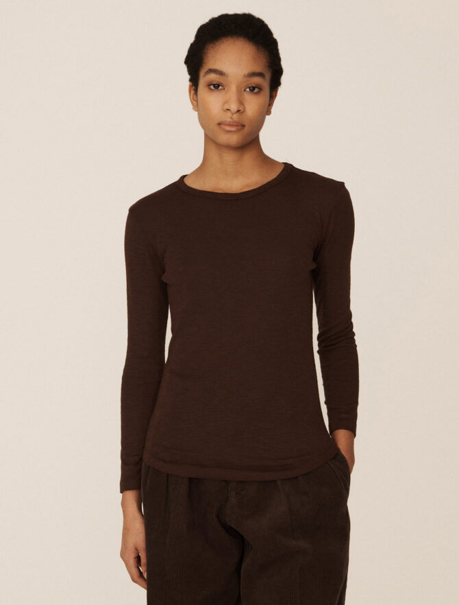 YMC Charlotte Long Sleeve Cotton T-Shirt Brown model front