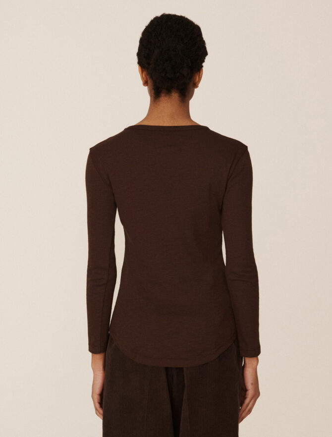 YMC Charlotte Long Sleeve Cotton T-Shirt Brown model retro