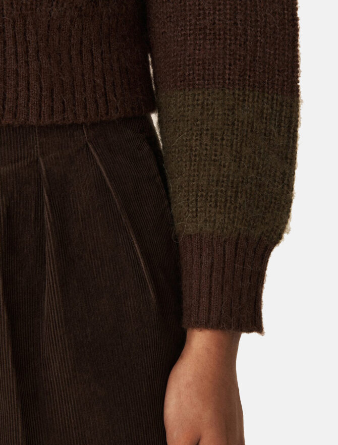 YMC Foxtail Alpace Cardigan Green Brown sleeve detail