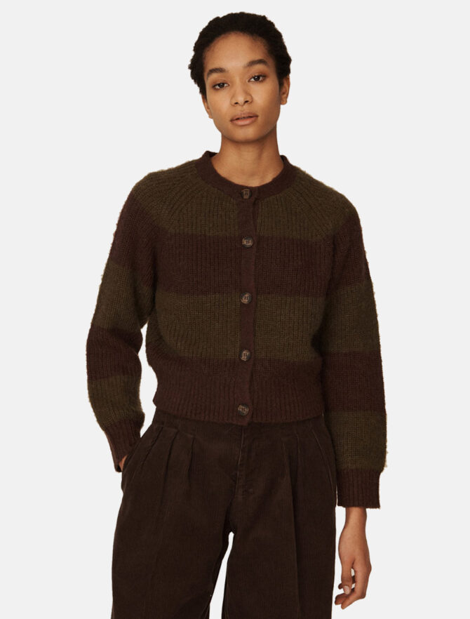YMC Foxtail Alpace Cardigan Green Brown model front